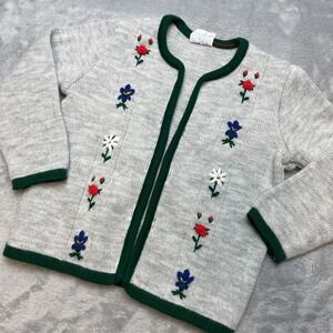 Vintage Pfister Austria Knit Cardigan Sweater Size 4-6 Gray Embroidered Floral